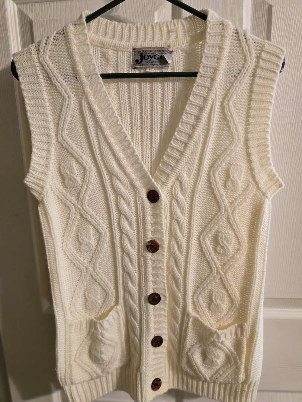 Vintage Joyce Cream Cable Knit V-Neck Button Vest
